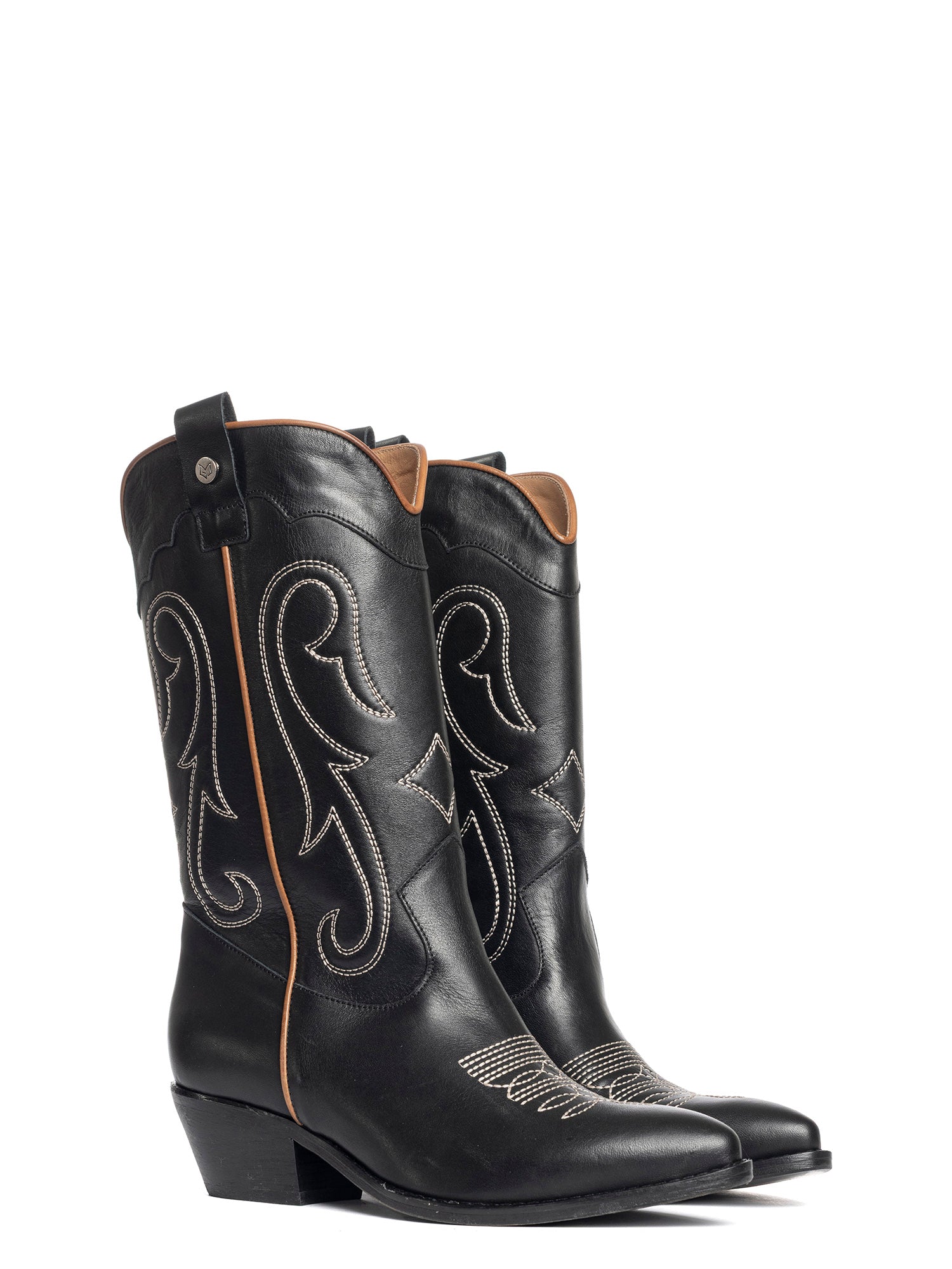 Megan Texan boots in black calfskin with leather trim