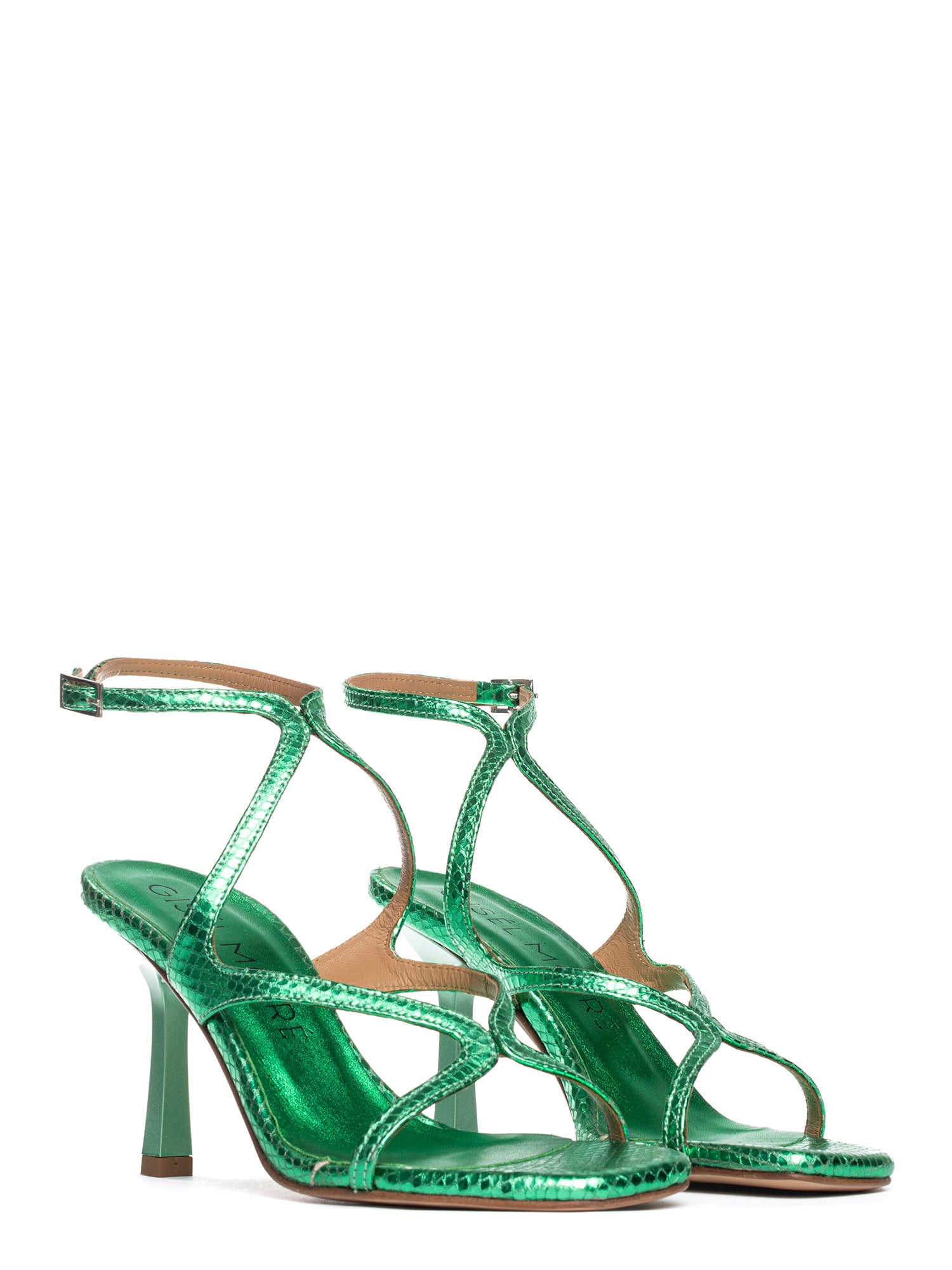 Sharlen Sandali intrecciati in pelle laminata cobra verde